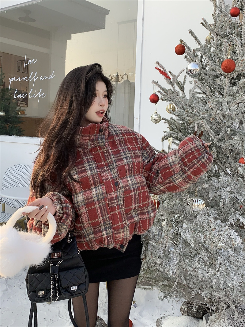 實拍~聖誕紅紅格加厚保暖棉衣短款麵包服