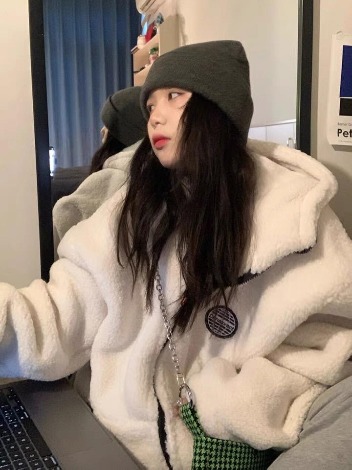 Hooded lamb wool coat for women autumn and winter oversize cotton jacket thickened ins trendy ifashion loose short cotton jacket