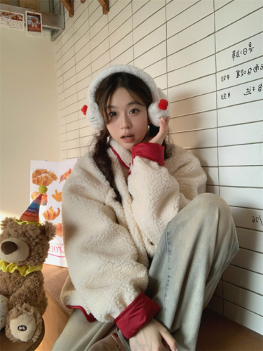 实拍 韩代冬季立领两面穿保暖加厚撞色羊羔毛外套