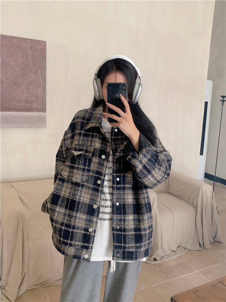 Actual shot~Large size women's American retro plaid wool all-match lapel loose jacket long-sleeved coat for women
