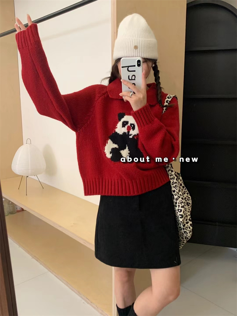 韓系復古小翻領熊貓短款毛衣女秋冬設計感寬鬆軟糯保暖針織衫上衣