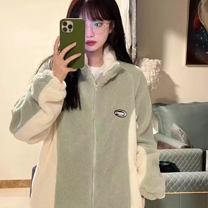 Xiaoxiangfeng color-blocked lamb plush jacket for men and women couples ins cotton clothing autumn and winter versatile high-end thickened tops