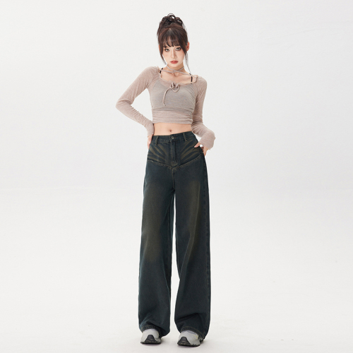 Actual shot of  autumn and winter retro wide-legged high-waisted loose drape slim straight-leg floor-length jeans for women