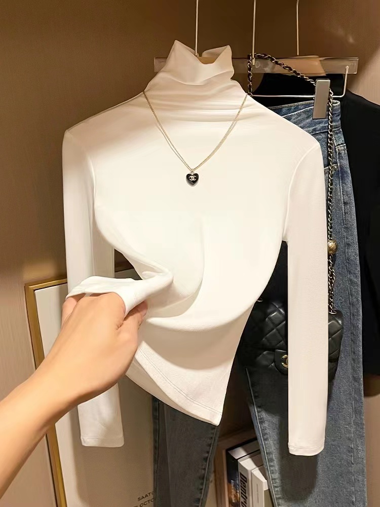 2023春秋款打底衫女白色堆堆領高領長袖修身百搭獨特氣質T恤上衣