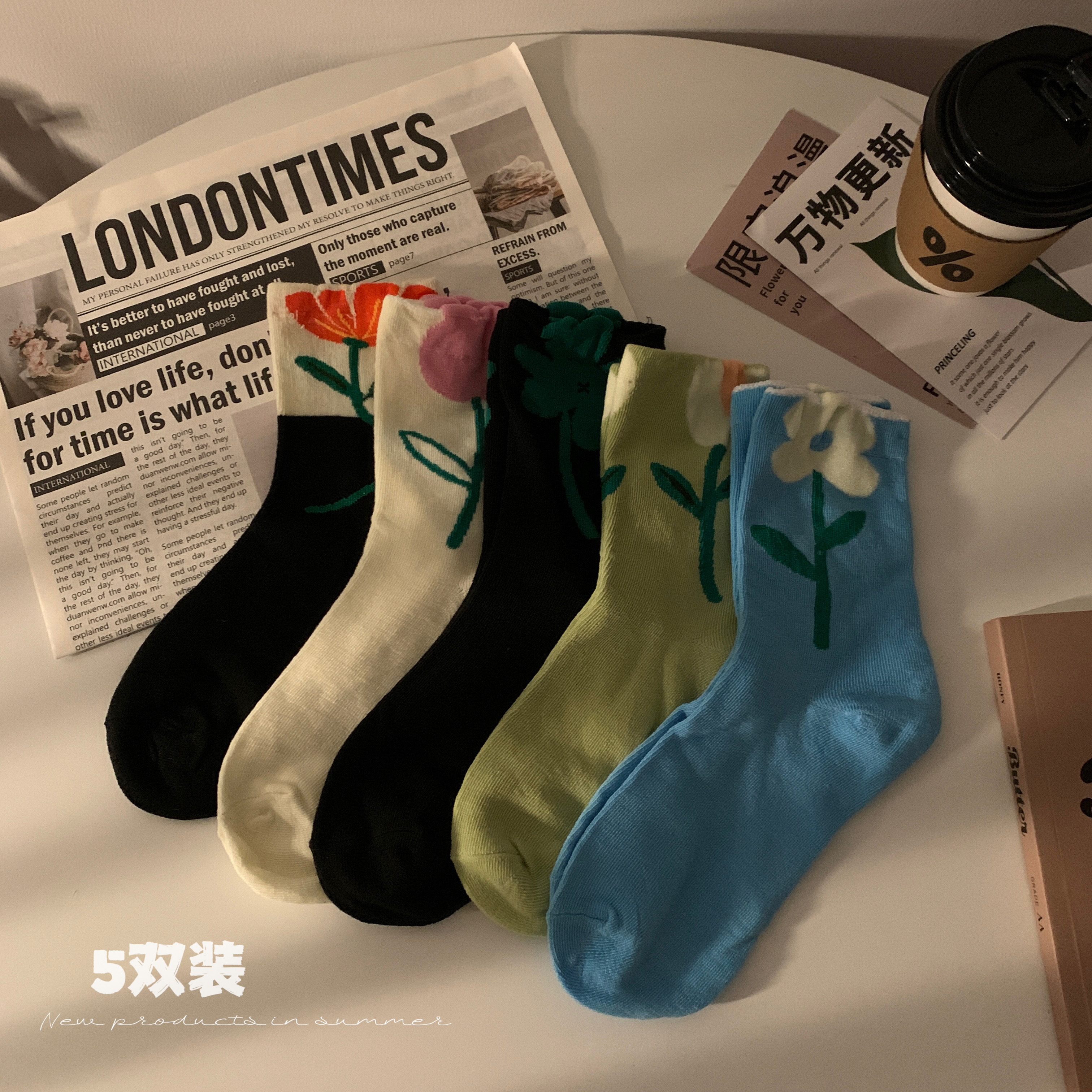 實拍秋冬季百搭襪子女中筒襪花朵堆堆襪長襪女襪純棉5雙裝