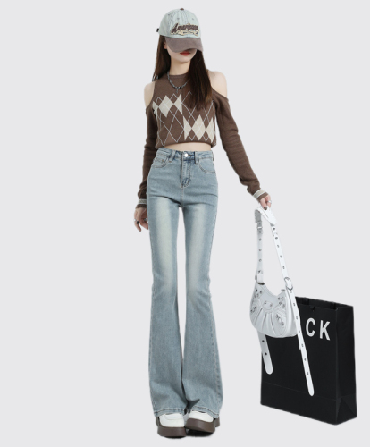 Women's Light Color Mini Bell Bottom Jeans  Autumn/Winter New Korean Style High-Waisted Tapered Elastic Pants