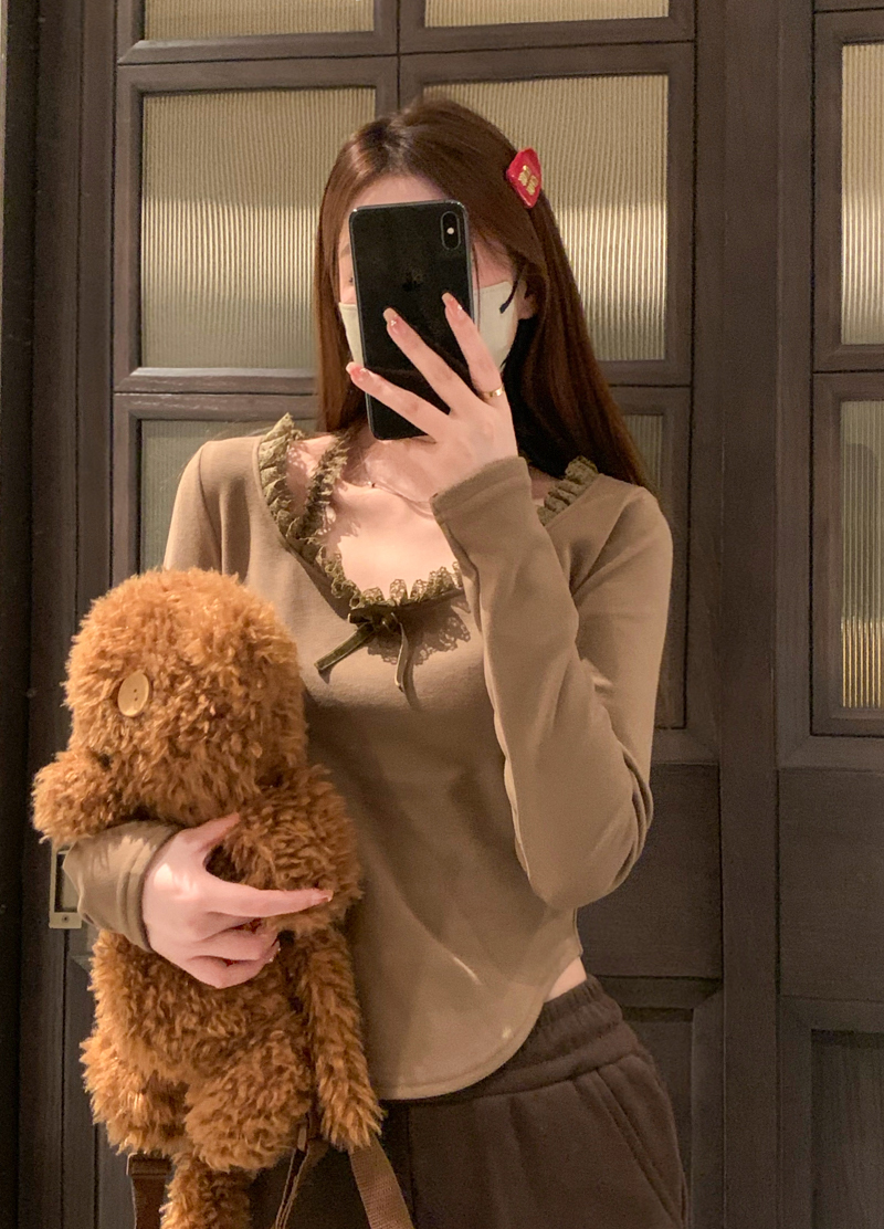 實拍 蕾絲拼接長袖T恤女2023新款甜辣純欲修身內搭打底上衣