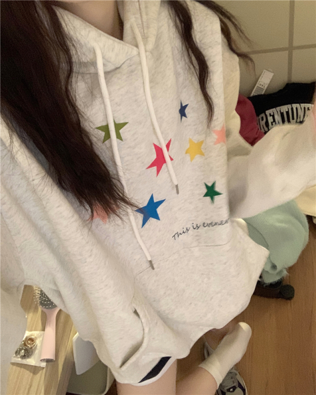 kumikumi慵懶風彩色星星印花長袖衛衣女秋冬寬鬆加絨休閒ins上衣