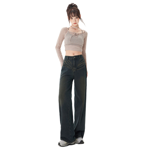 Actual shot of  autumn and winter retro wide-legged high-waisted loose drape slim straight-leg floor-length jeans for women