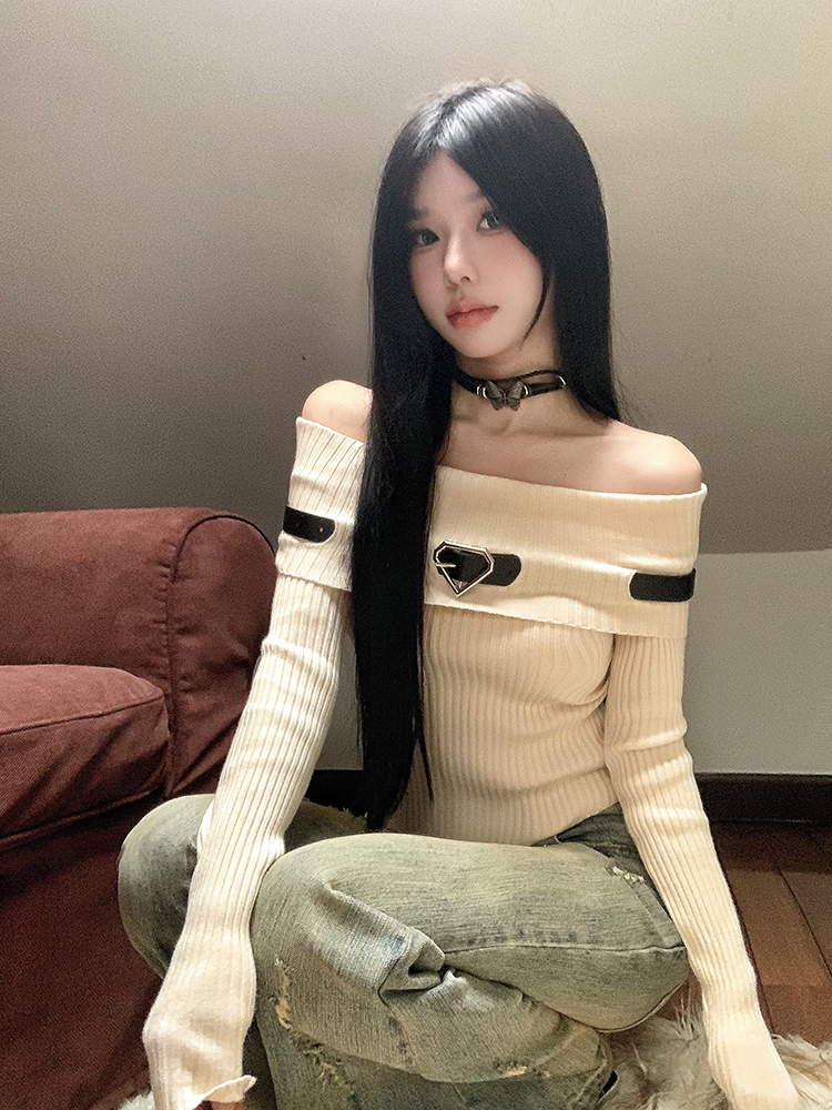 Pure Desire Sweet Girl One Shoulder Top Women's Autumn and Winter American Y2K Long Sleeve Knitted Bottoming Top with Off-Shoulder Sweater Inside