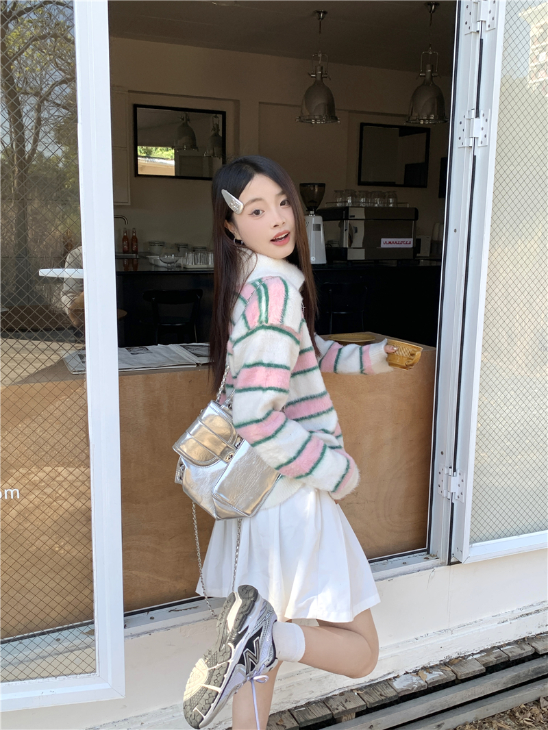 實拍~糯嘰嘰慵加絨懶韓版寬鬆加厚長袖條紋毛衣