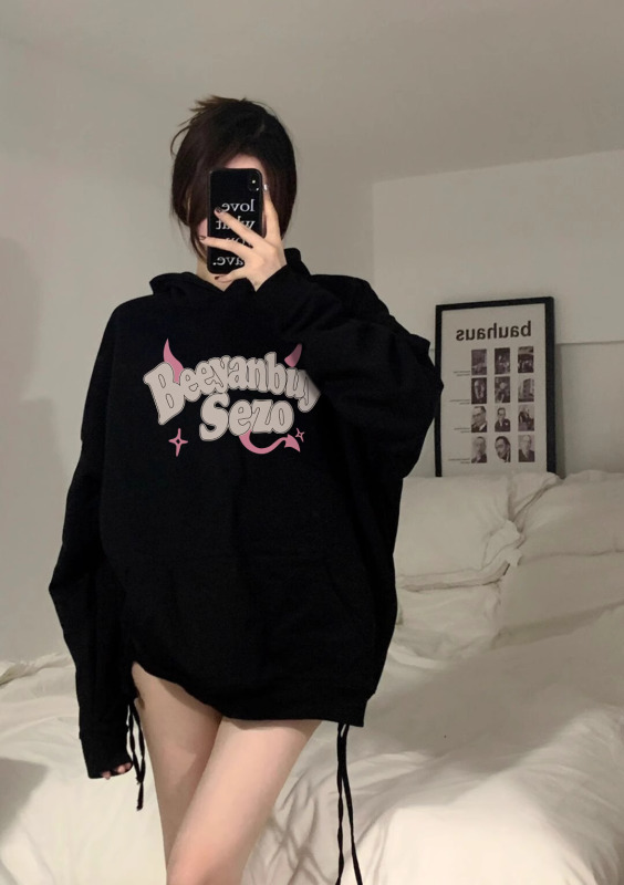 高級感超好看黑色連帽衛衣女2023新款秋季美式oversize上衣潮