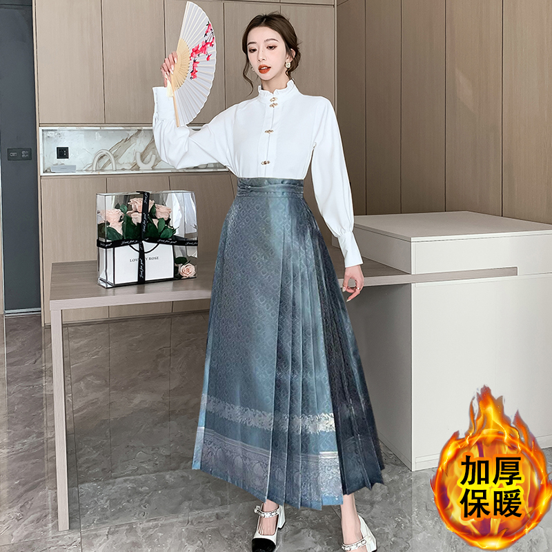 實拍馬面裙女套裝日常可穿小個子半身裙上衣襯衣穿搭新中式連衣裙