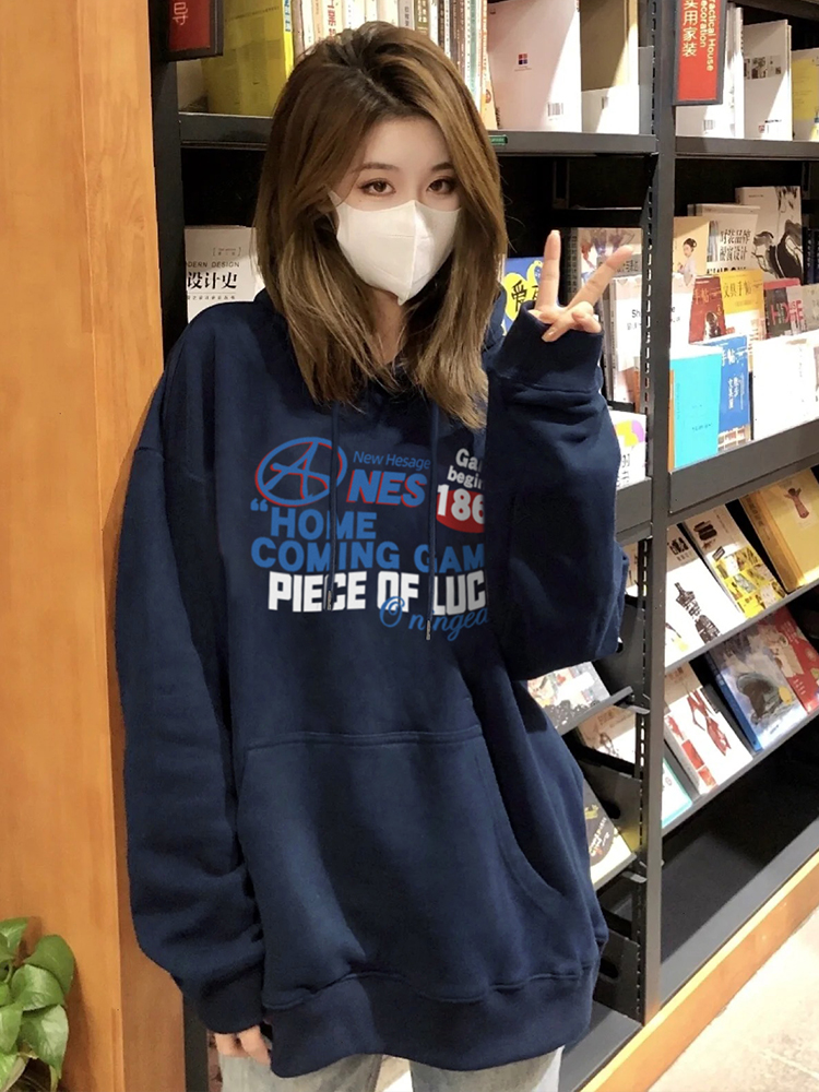 美式復古衛衣女春秋款字母印花設計重磅套頭藏青色連帽上衣ins潮