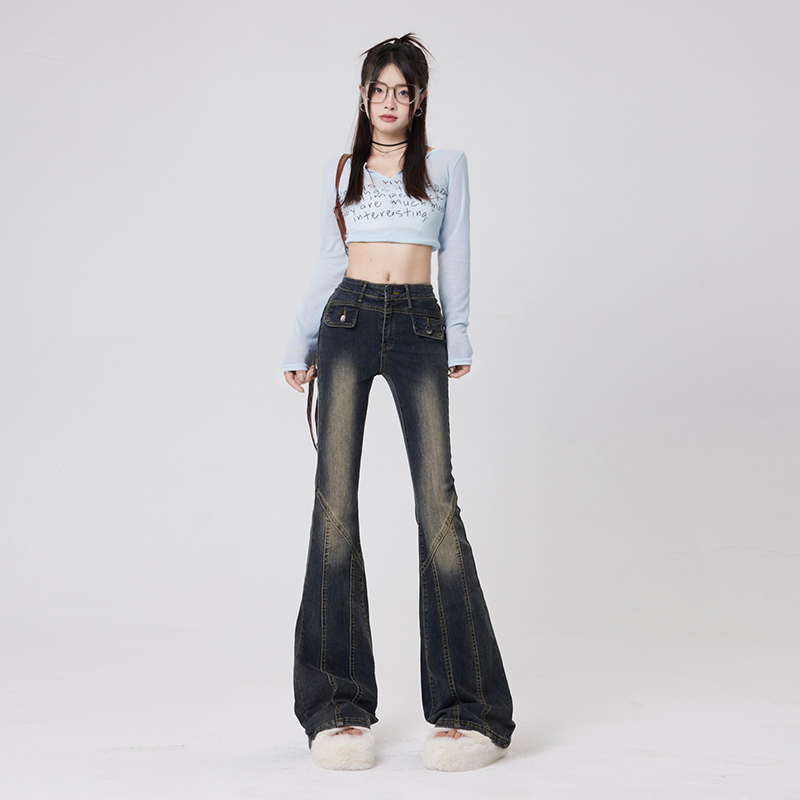 實拍2023秋季時尚潮流微喇牛仔褲 層次感設計喇叭褲子女