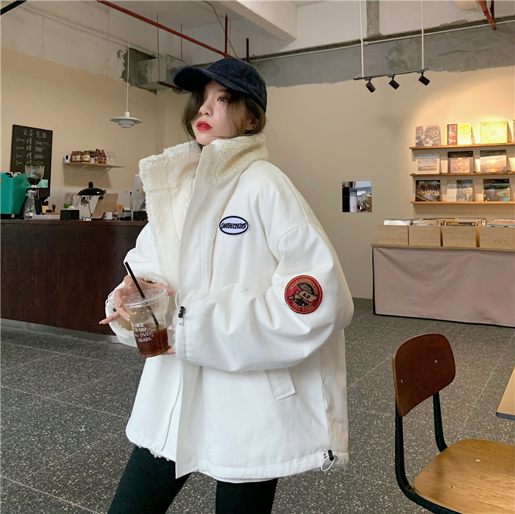 Actual shot~Large size 2023 Korean style loose lambswool label coat for women plus velvet and thickened reversible cotton coat