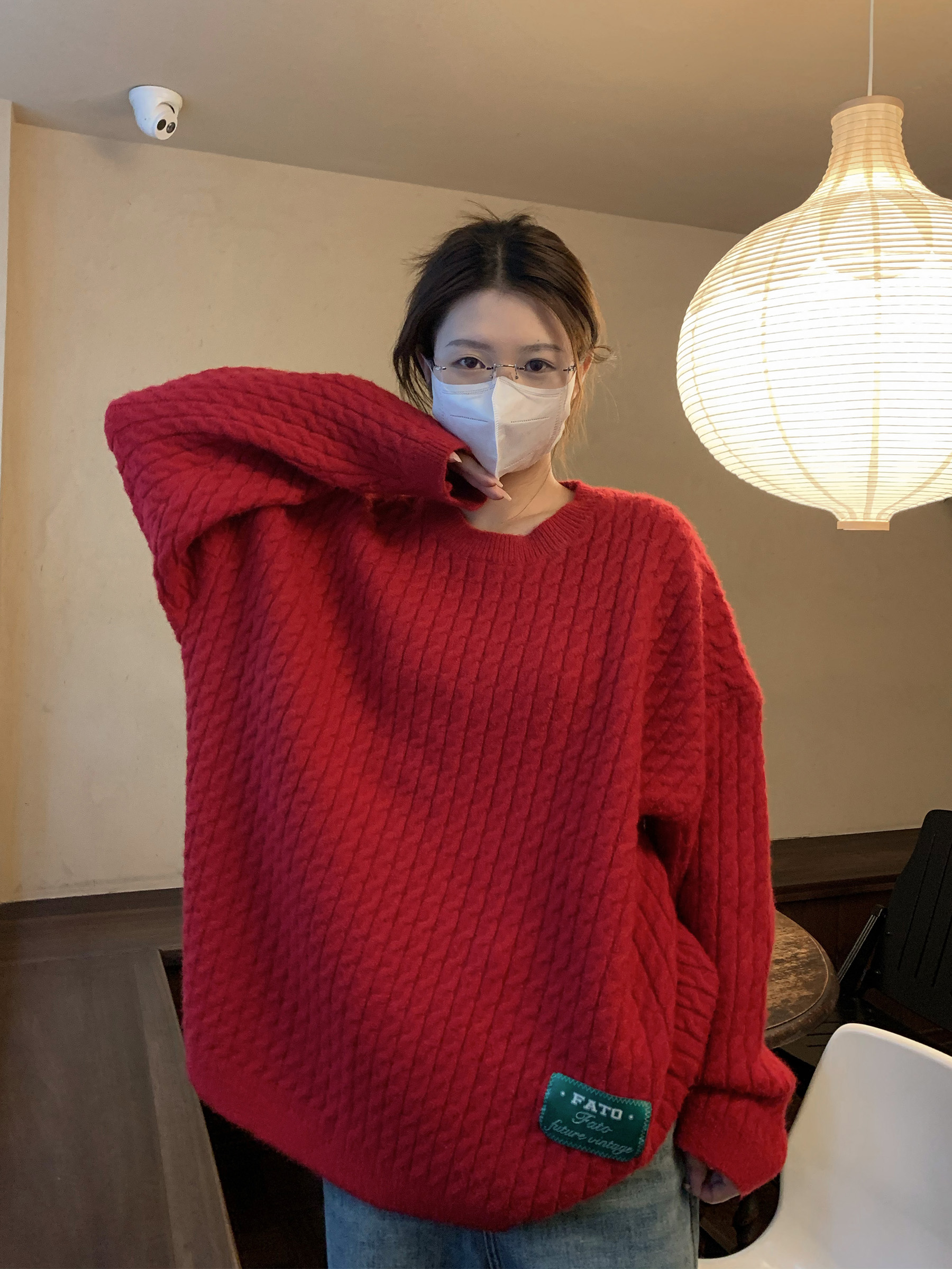 軟糯新年紅色毛衣女春秋外穿寬鬆慵懶風套頭圓領設計感上衣