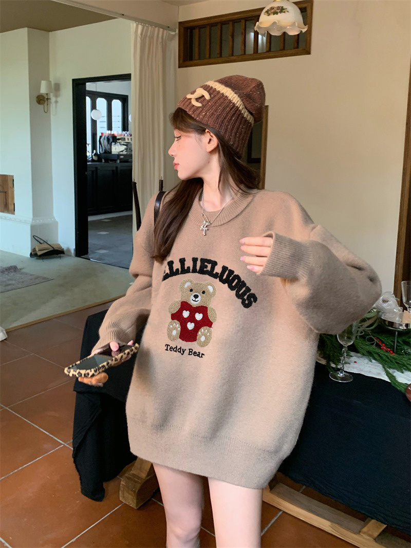 Real shot retro thickened letters long-sleeved soft waxy sweater for women lazy style loose knitted sweater pullover top fashion