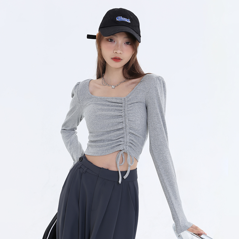5色秋季新款方領上衣抽褶修身顯瘦辣妹長袖打底衫女短款露臍T恤