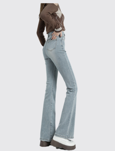 Women's Light Color Mini Bell Bottom Jeans  Autumn/Winter New Korean Style High-Waisted Tapered Elastic Pants