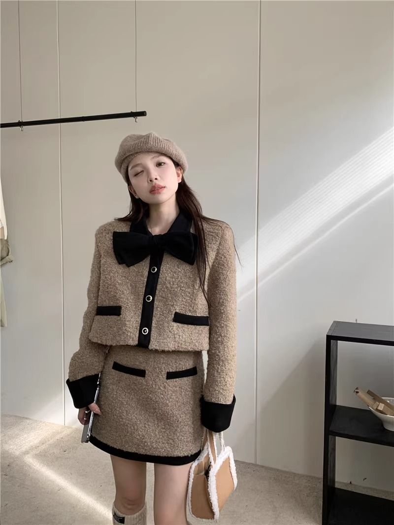 Korean style high-end design fashion small fragrant bow long-sleeved woolen fashion suit