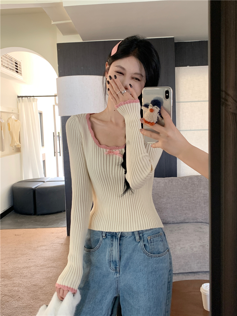 實拍  純欲風低領長袖針織衫女秋冬蝴蝶結顯瘦短款上衣