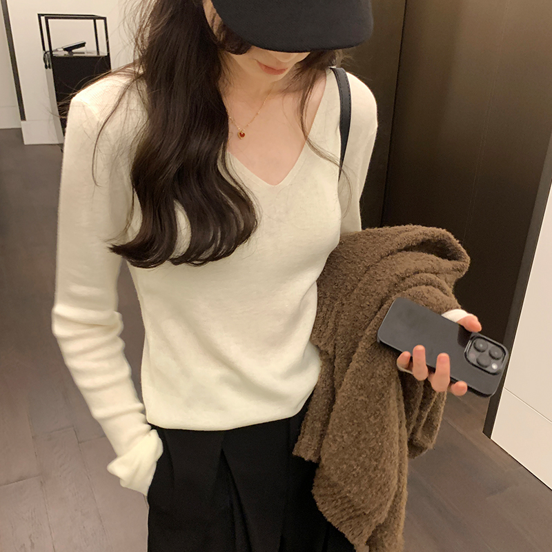 實拍圖V領羊毛內搭針織衫女修身細針氣質軟糯打底衫薄款長袖毛衣