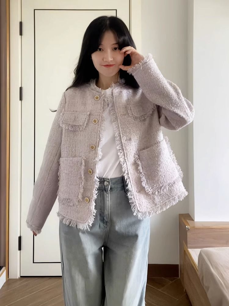 韓系氣質名媛香芋紫色小香風外套女早秋新款重工流蘇長袖上衣女