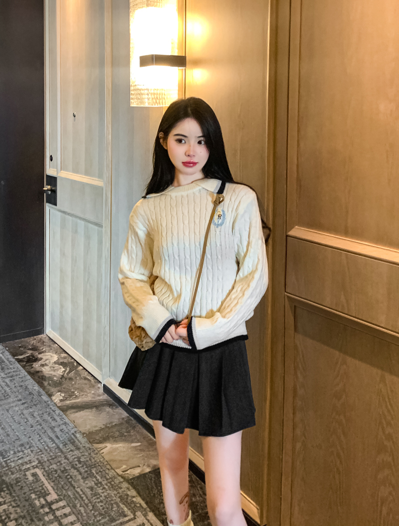實拍 撞色麻花毛衣女長袖針織衫上衣+高腰百褶半身裙A字短裙