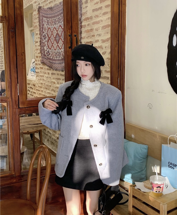 實拍~大碼法式小香風蝴蝶結軟糯毛呢外套+打底衫短裙三件套女