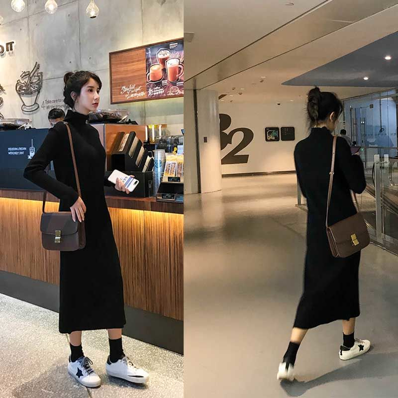 韓版黑色內搭長袖打底加絨加厚連衣裙秋冬裝2023新款女中長款