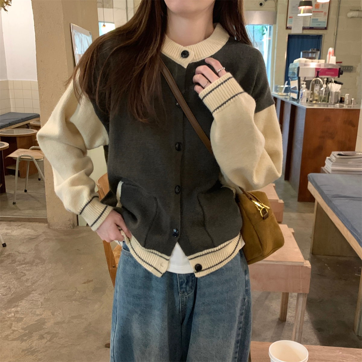 實拍 秋冬韓版寬鬆復古撞色設計感北極絨開衫針織毛衣外套女