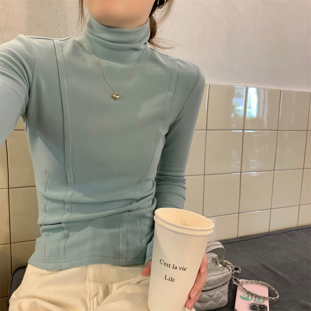 實拍 秋冬韓版修身半高領魚骨純色德絨保暖內搭T恤打底衫上衣