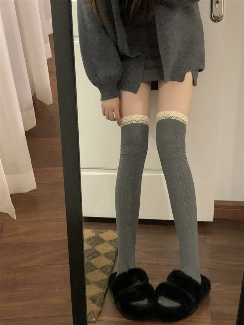 實拍價 純欲學院風蕾絲過膝襪子女性感長腿復古拼接長筒襪