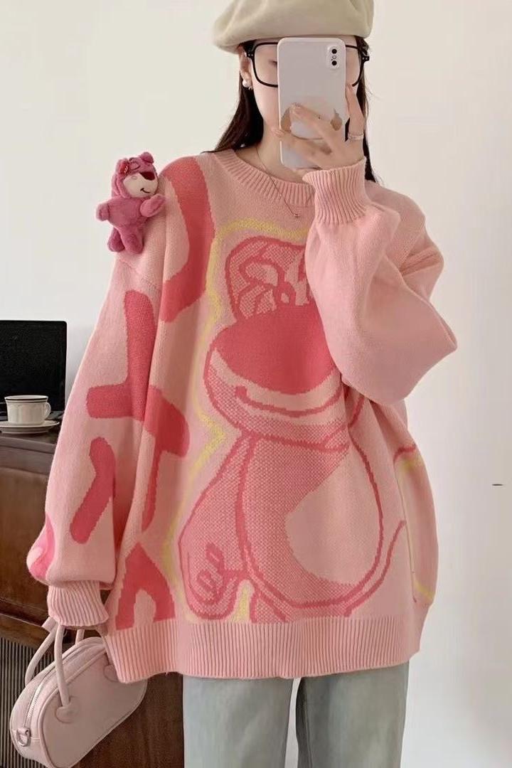韓國東大門2023新款寬鬆甜美風卡通提花立體玩偶圓領套頭針織毛衣