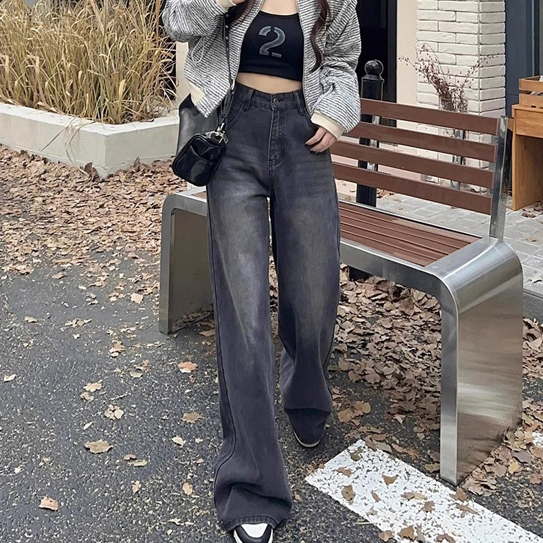 灰黑色闊腿褲牛仔褲女秋季新款高腰顯瘦寬鬆百搭小個子直筒拖地褲