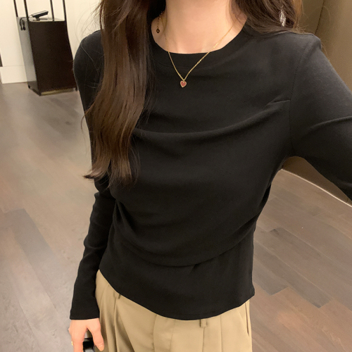 Actual pictures niche pleated long-sleeved T-shirt women's autumn and winter  new fake two-piece round neck bottoming shirt short top