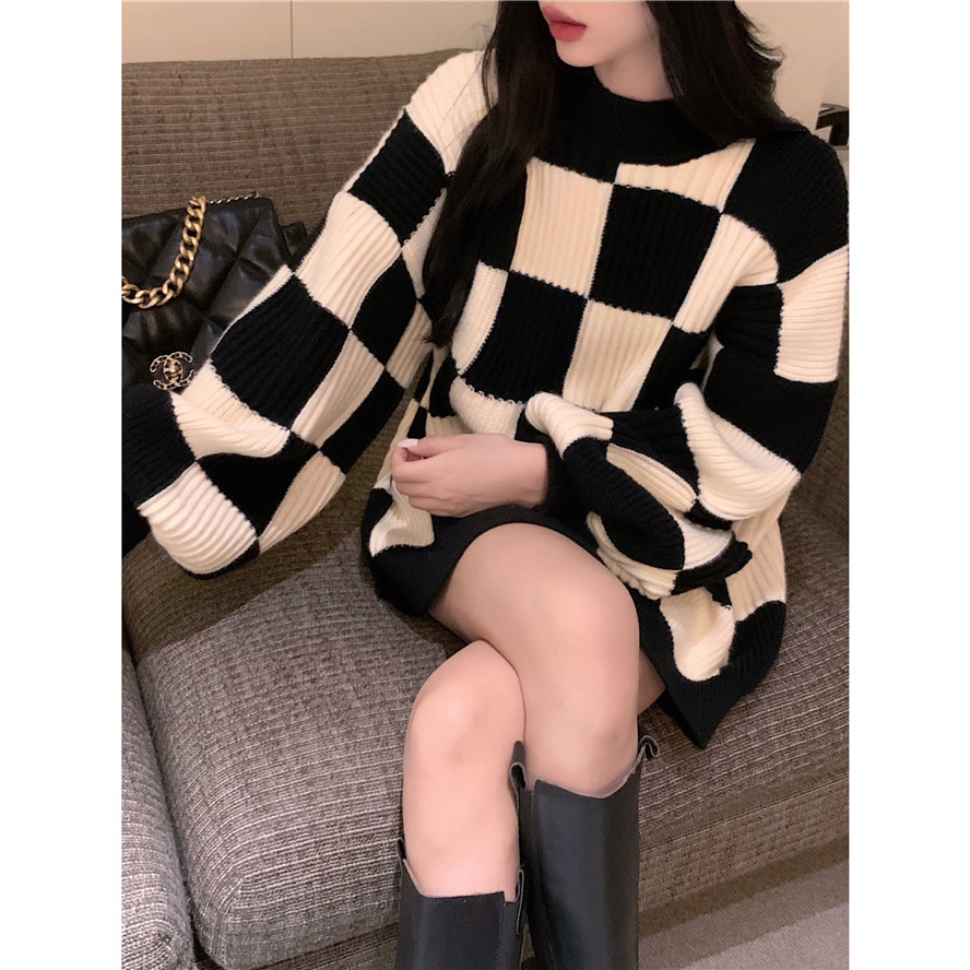優質 新款秋冬棋盤格慵懶風毛衣女日系復古高級感外穿別致衣