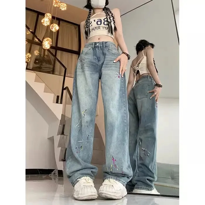 美式復古高腰牛仔褲女小個子夏季新款寬鬆顯瘦直筒闊腿刺繡褲子潮