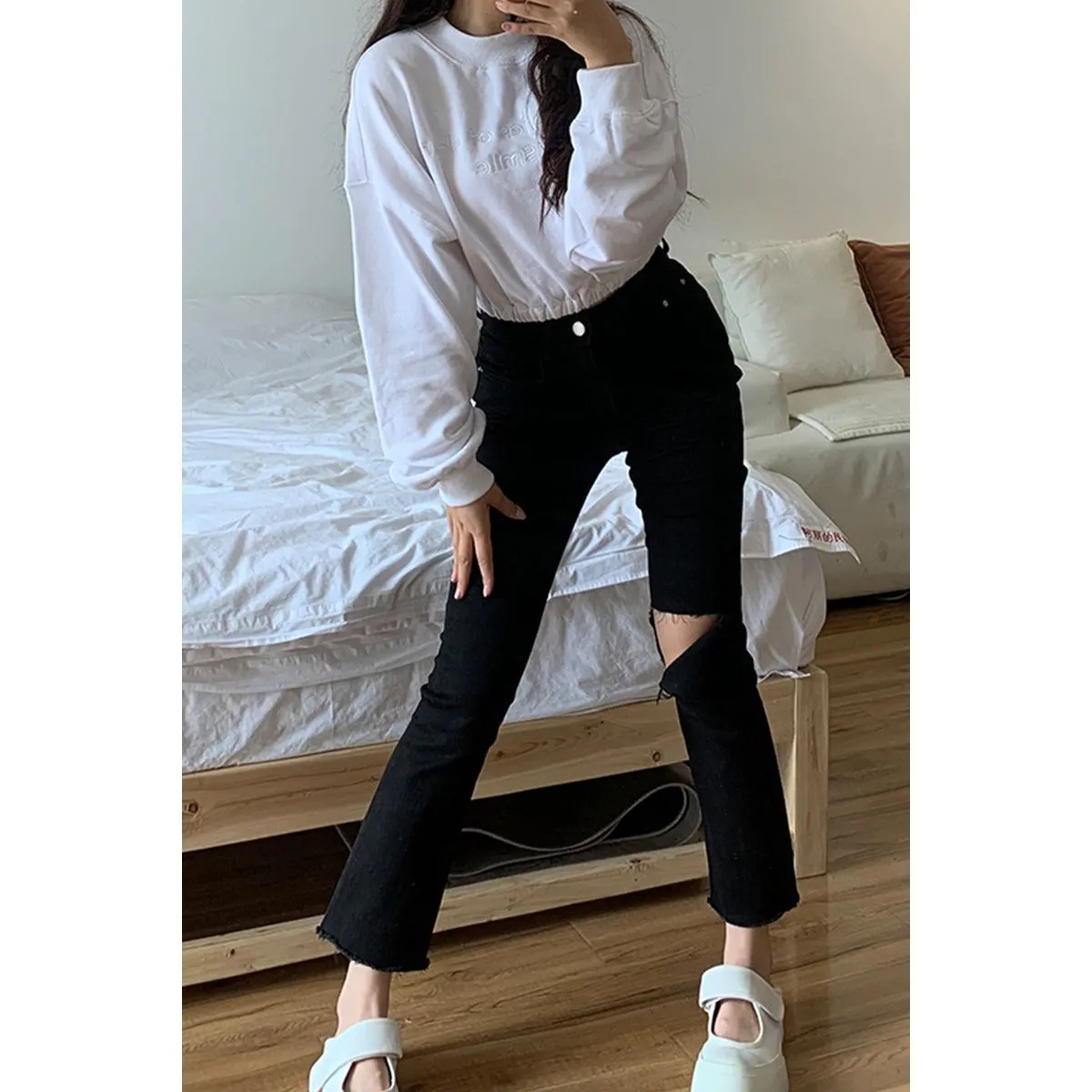 甜甜的萱破洞牛仔褲女早春秋夏新薄款小個子高腰黑色九分喇叭褲子