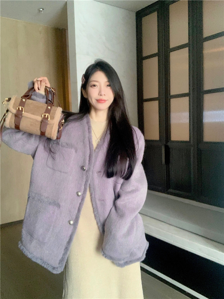實拍~大碼女裝2023冬季新款復古設計感灰灰紫色小香毛呢外套