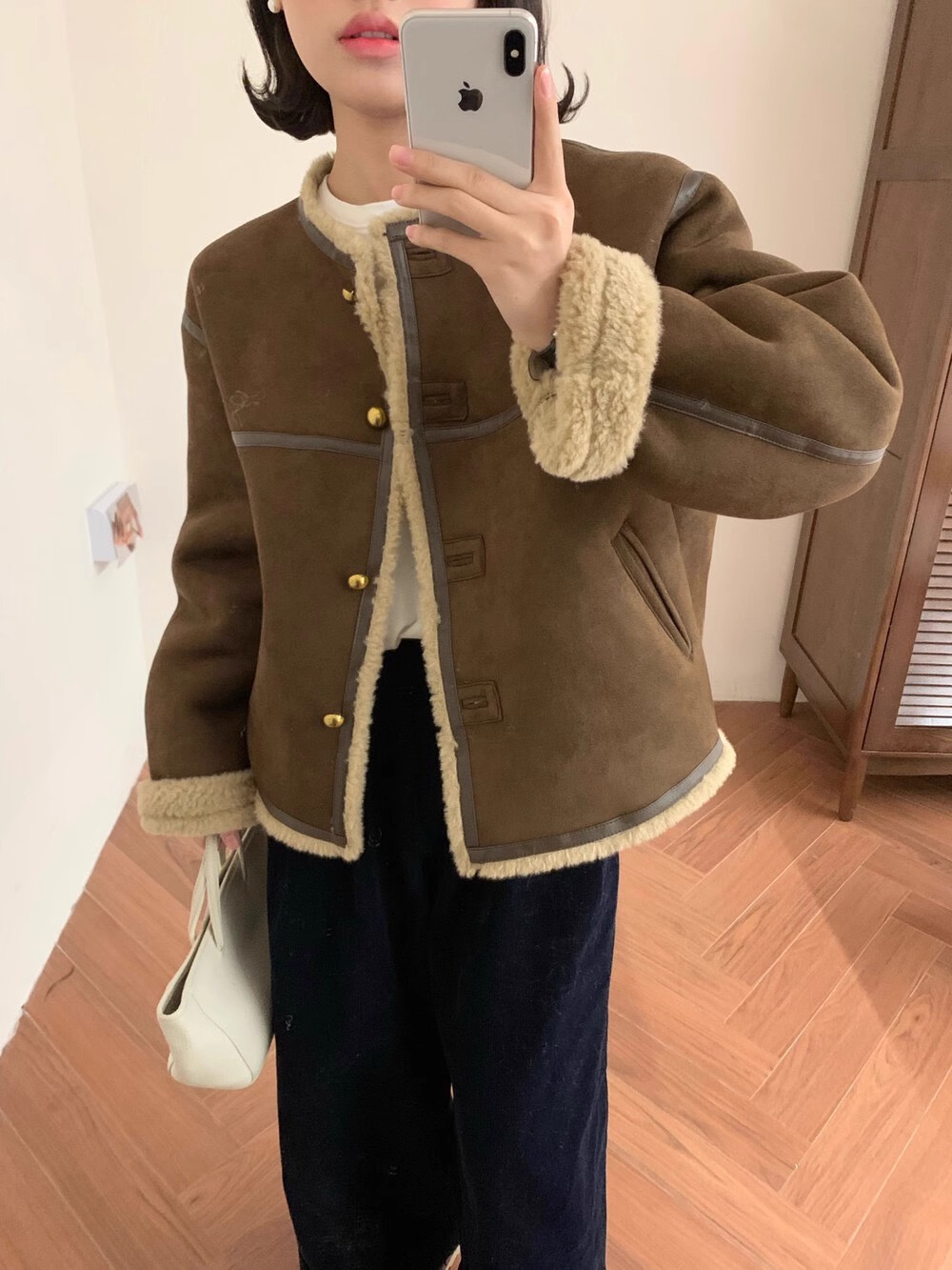 sevenmeter粉色羊羔毛外套女短款小個子冬季加厚皮毛一體機車服