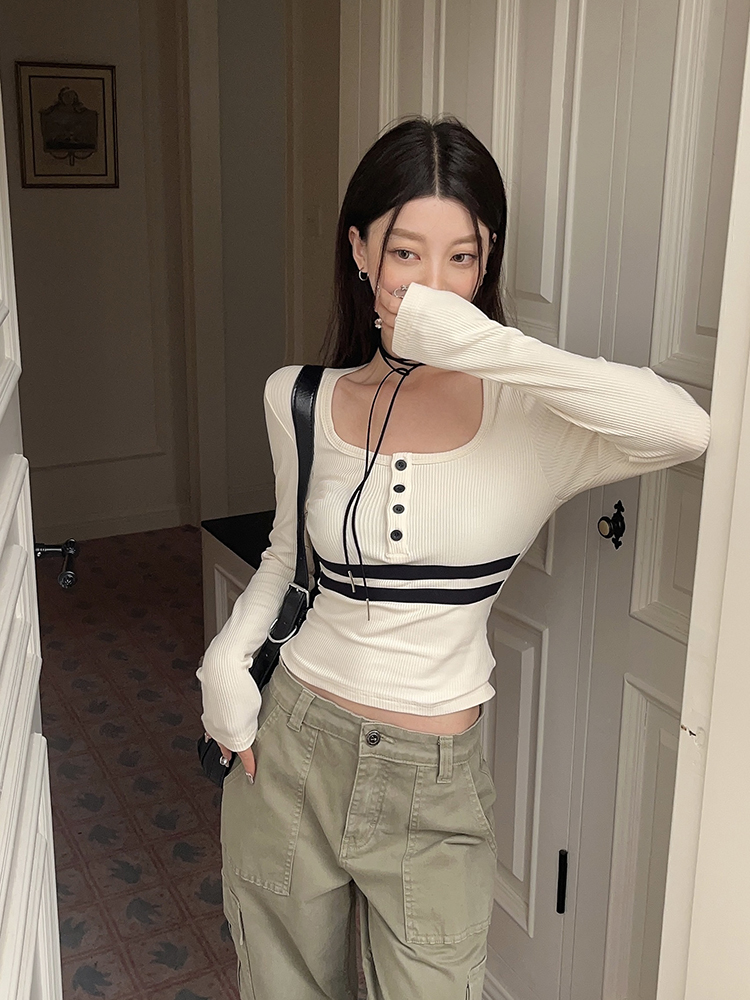 實拍秋冬美式復古條紋修身顯瘦刺繡內搭長袖上衣T恤打底衫女