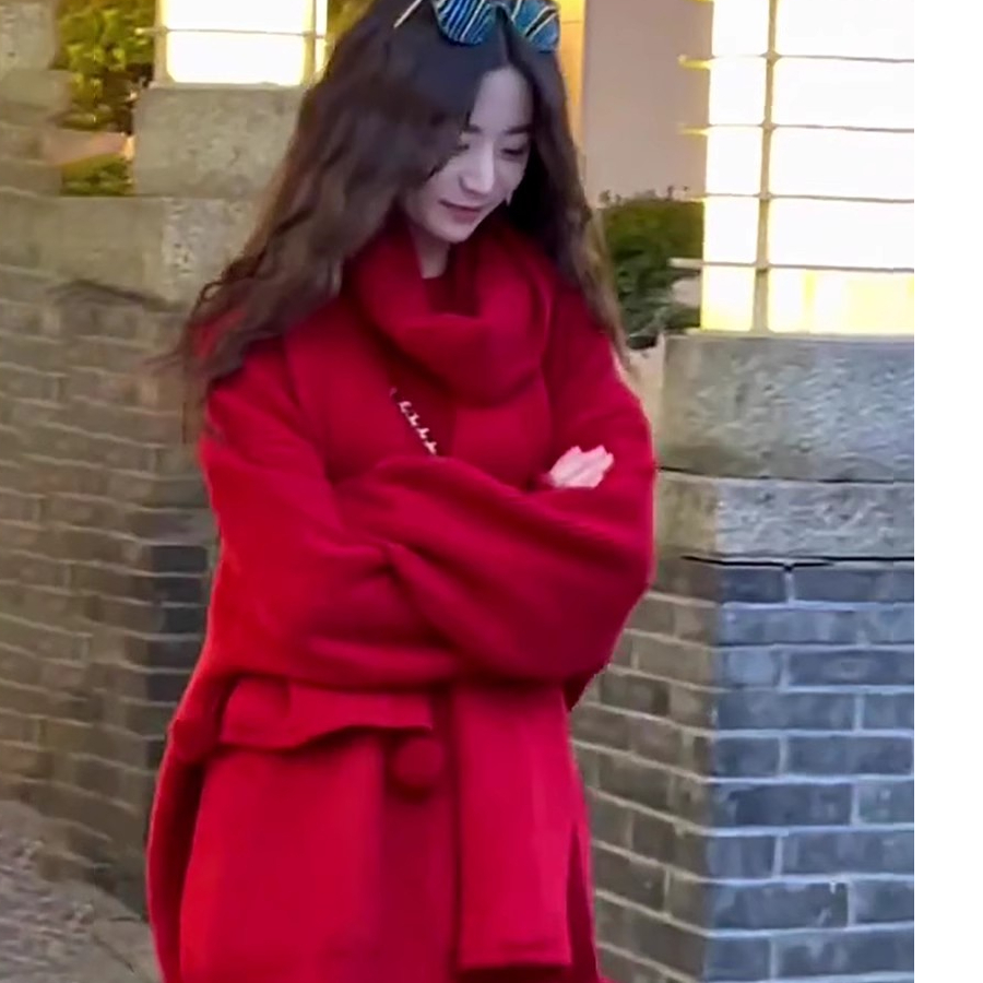 2023春秋季新年聖誕款紅色毛衣女中長款圓領送圍巾寬鬆顯瘦上衣潮