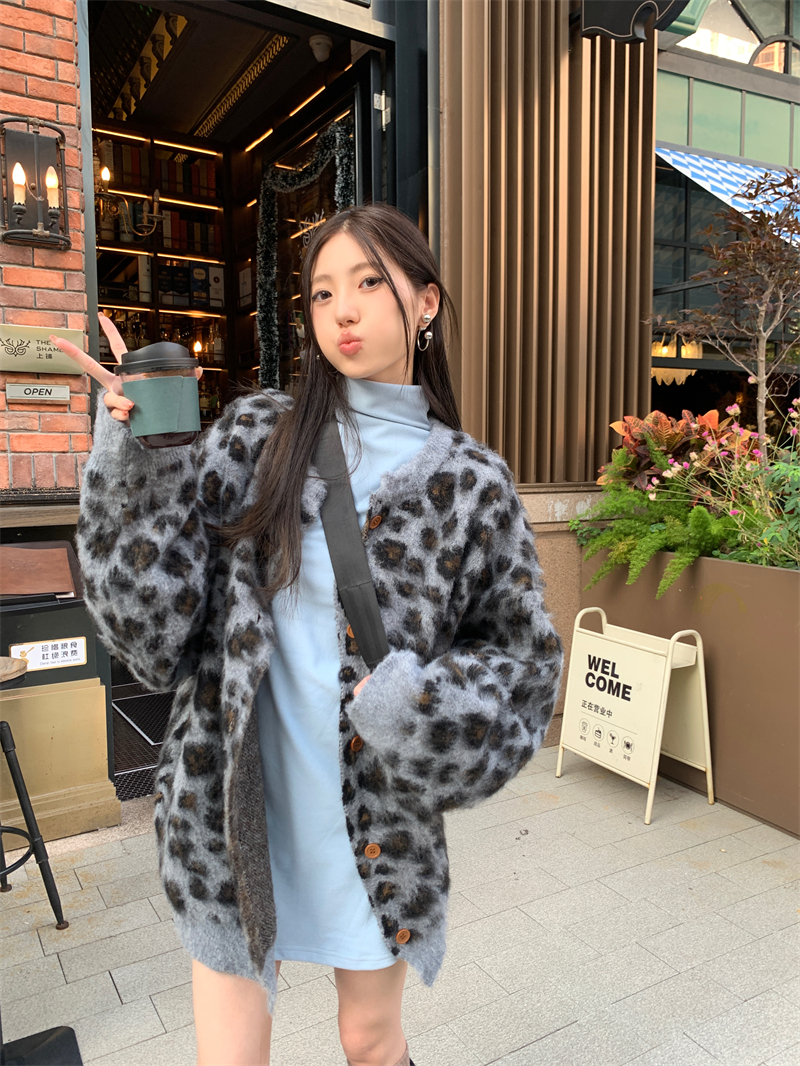 實拍 豹紋秋冬保暖針織衫開衫慵懶風毛衣外套女