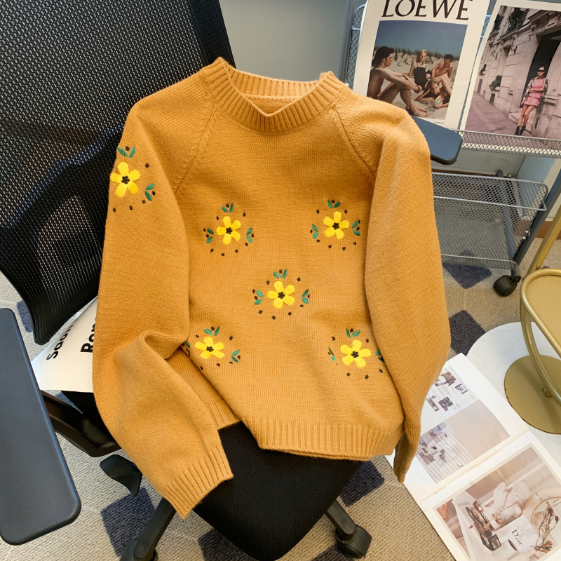 2023年秋冬季新款時尚手工刺繡花朵針織衫毛衣女圓領套頭百搭長袖