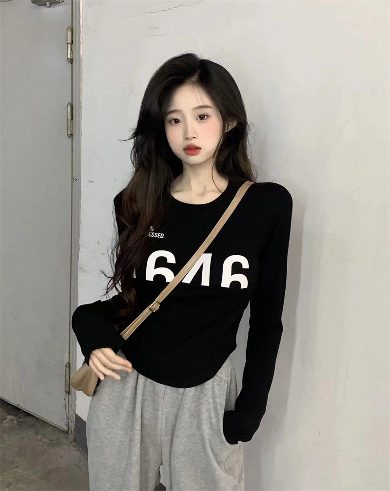 Actual shot of pure cotton bottoming shirt, letter round neck long-sleeved T-shirt, slim fit inner top, high-end fox-shaped bottoming shirt