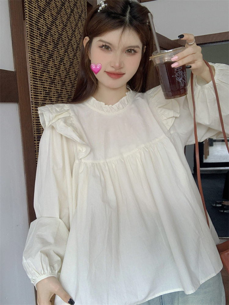 Sweet age-reducing fungus-edged puff-sleeved shirt for women in autumn, short baby doll shirt design niche shirt