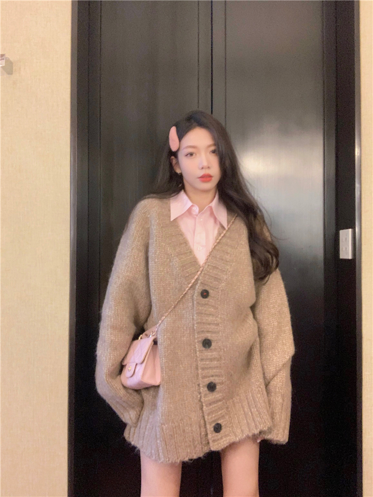 實拍~大碼慵懶風毛衣開衫外套女秋冬寬鬆百搭襯衫上衣兩件套