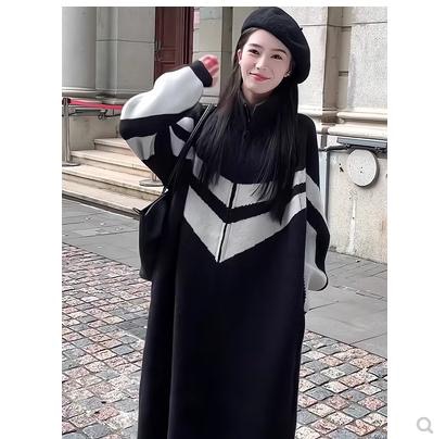 高級感法式赫本風小眾設計黑色針織毛衣打底連衣裙子女秋冬季長裙